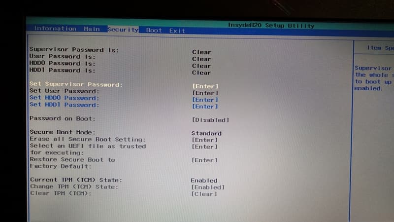 重灌 Acer E5-475G 筆電 Windows 10 的步驟 10 10 Acer E5 475G 重灌 Windows 10 BIOS Security page