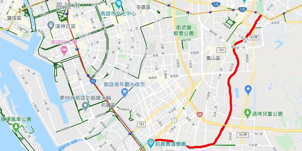 01_ 自行車道 高雄鳳山溪路線，親子夢時代一日遊 google map 1024x512