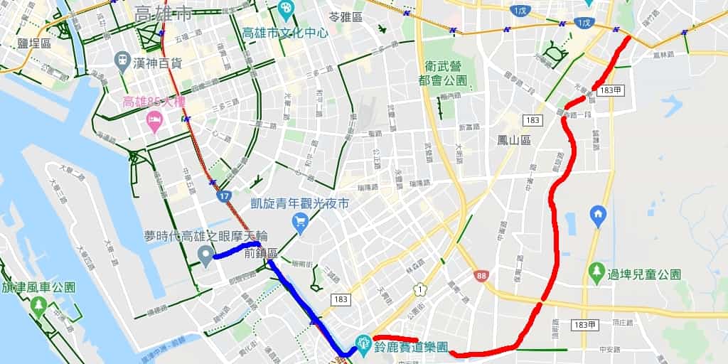 02_ 自行車道 高雄鳳山溪路線，親子夢時代一日遊 google map 大魯閣 到 夢時代 1024x512