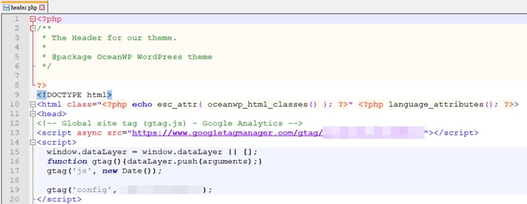 用 Windows 10 架網站 ,完成部落格/網站的步驟 7 14 add Google Analytics WordPress 的追蹤碼 到 oceanwp header php