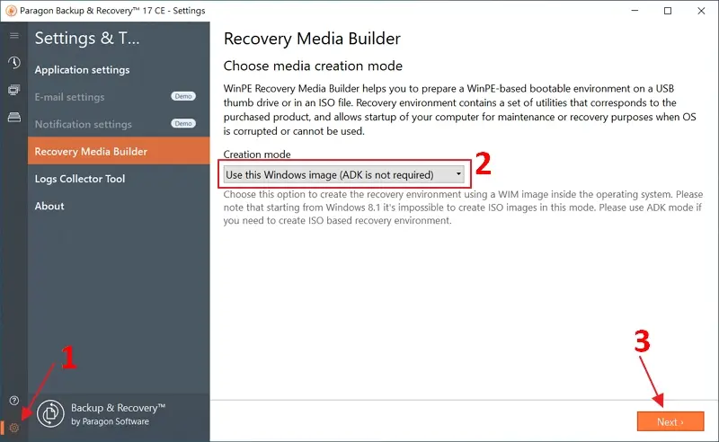 07 Paragon Backup Recovery 17 CE - create recovery media builder