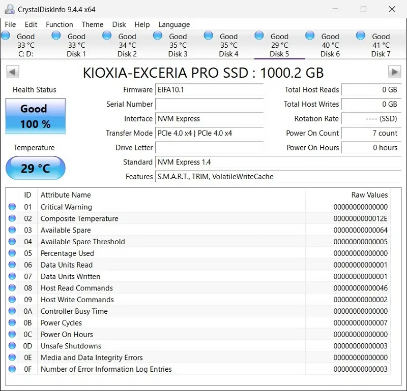 01 PCIe Gen4 NVMe Kioxia Exceria Pro crystaldiskinfo