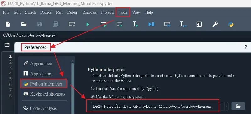 本地部署 AI 會議紀錄工具實作教學:Windows 11 + GPU 加速 5 250726_04 指定Python 虛擬環境的執行檔